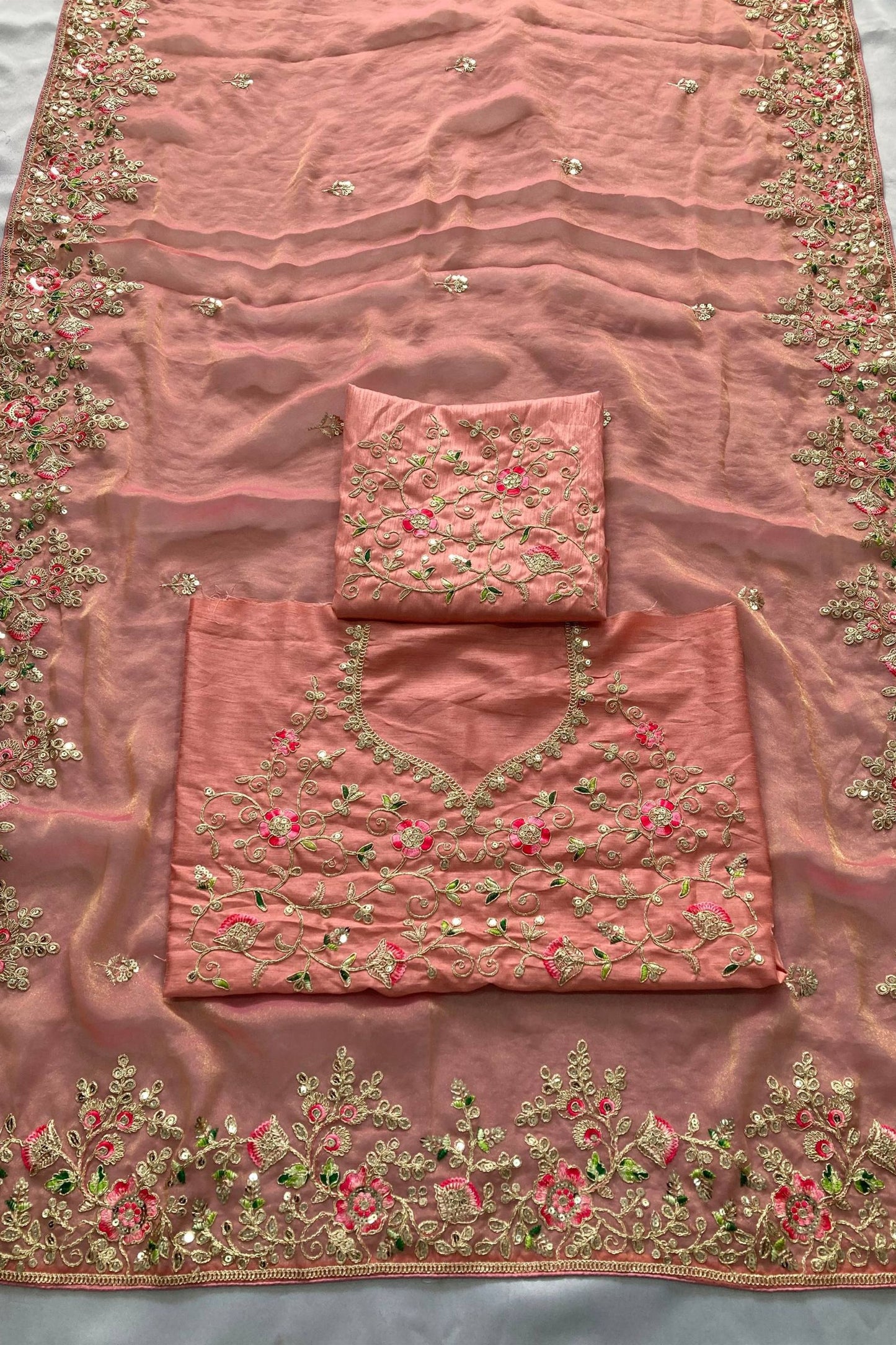 Elegant Peach Pink Soft Moss Chiffon Embroidered Saree Cutwork Border for Women