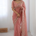 Elegant Peach Pink Soft Moss Chiffon Embroidered Saree Cutwork Border for Women