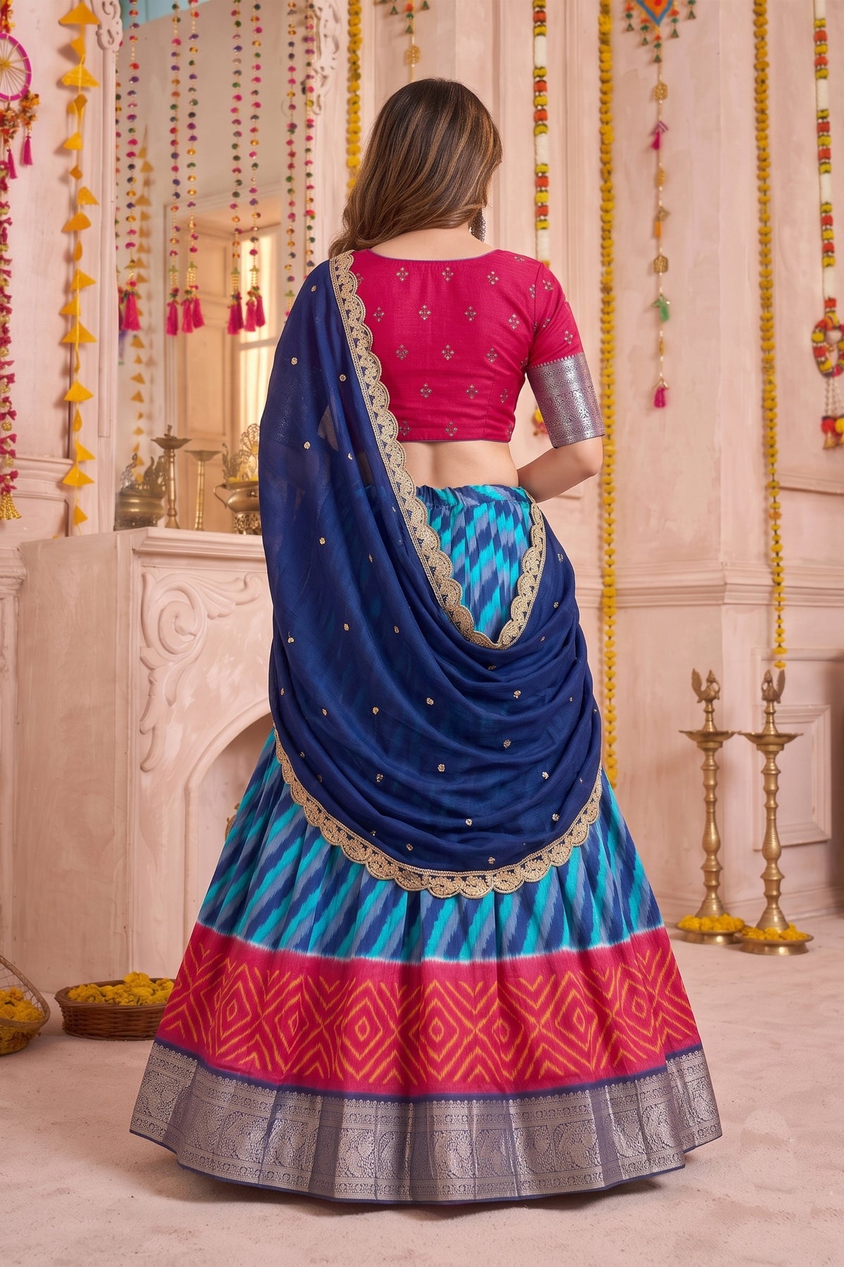 Stunning Red and Blue Tasar Silk Designer Lehenga Choli with Printed Skirt and Dupatta