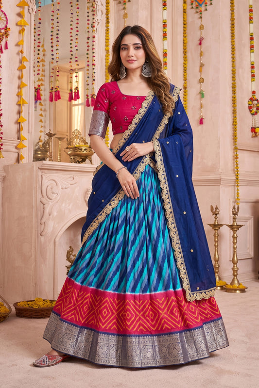 Stunning Red and Blue Tasar Silk Designer Lehenga Choli with Printed Skirt and Dupatta