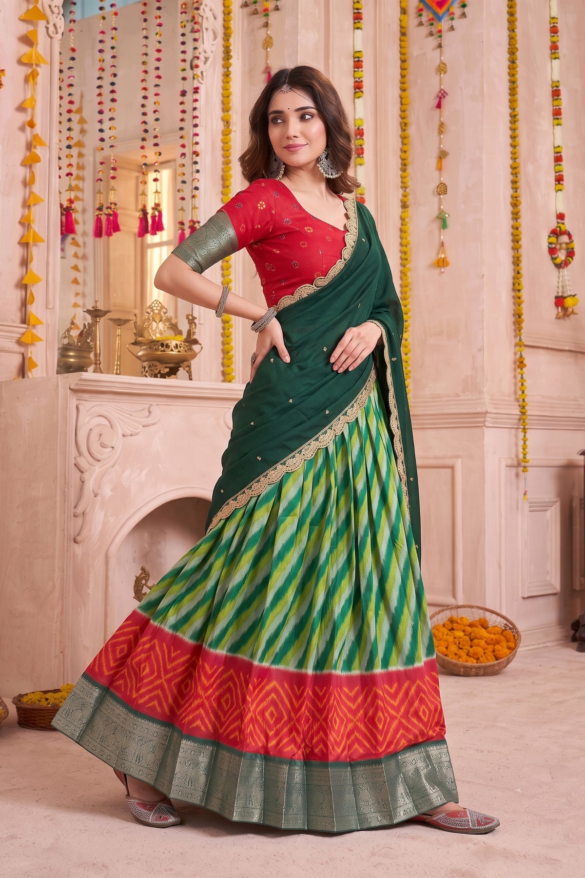 Elegant Green and Red Tasar Silk Designer Lehenga Choli with Printed Skirt and Dupatta