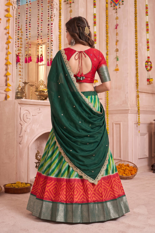 Elegant Green and Red Tasar Silk Designer Lehenga Choli with Printed Skirt and Dupatta