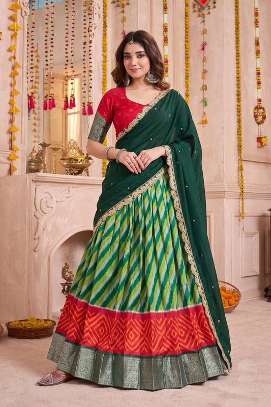 Elegant Green and Red Tasar Silk Designer Lehenga Choli with Printed Skirt and Dupatta