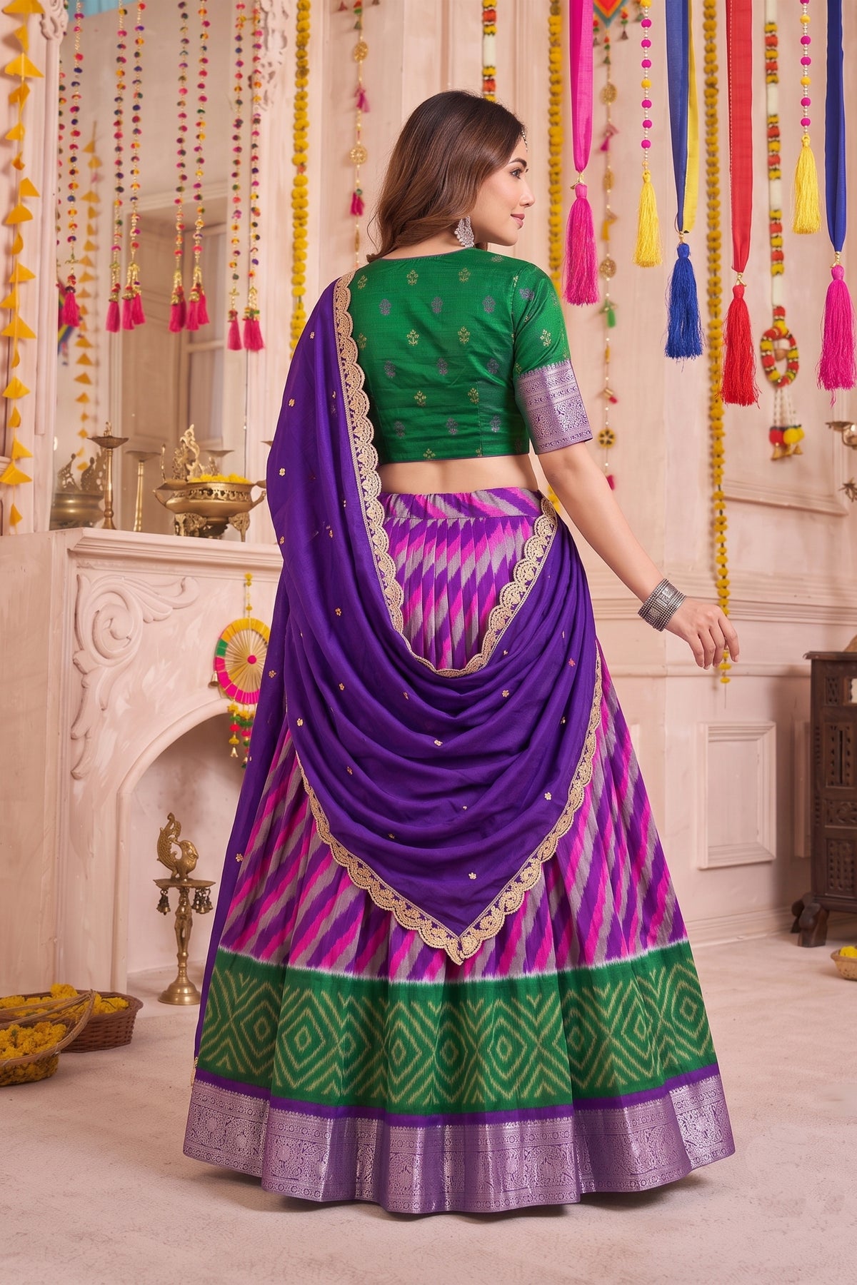 Stylish Purple and Green Tasar Silk Designer Lehenga Choli with Printed Skirt and Dupatta