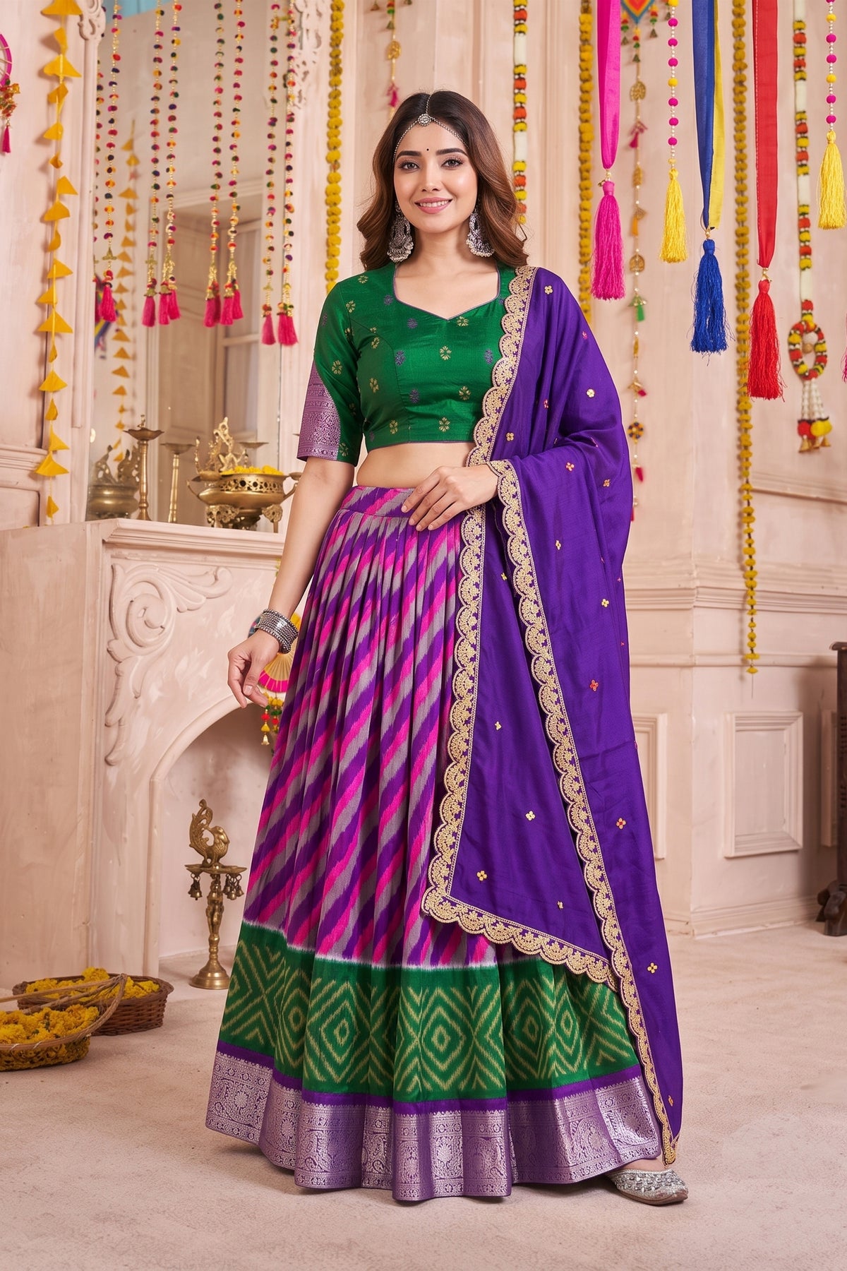 Stylish Purple and Green Tasar Silk Designer Lehenga Choli with Printed Skirt and Dupatta
