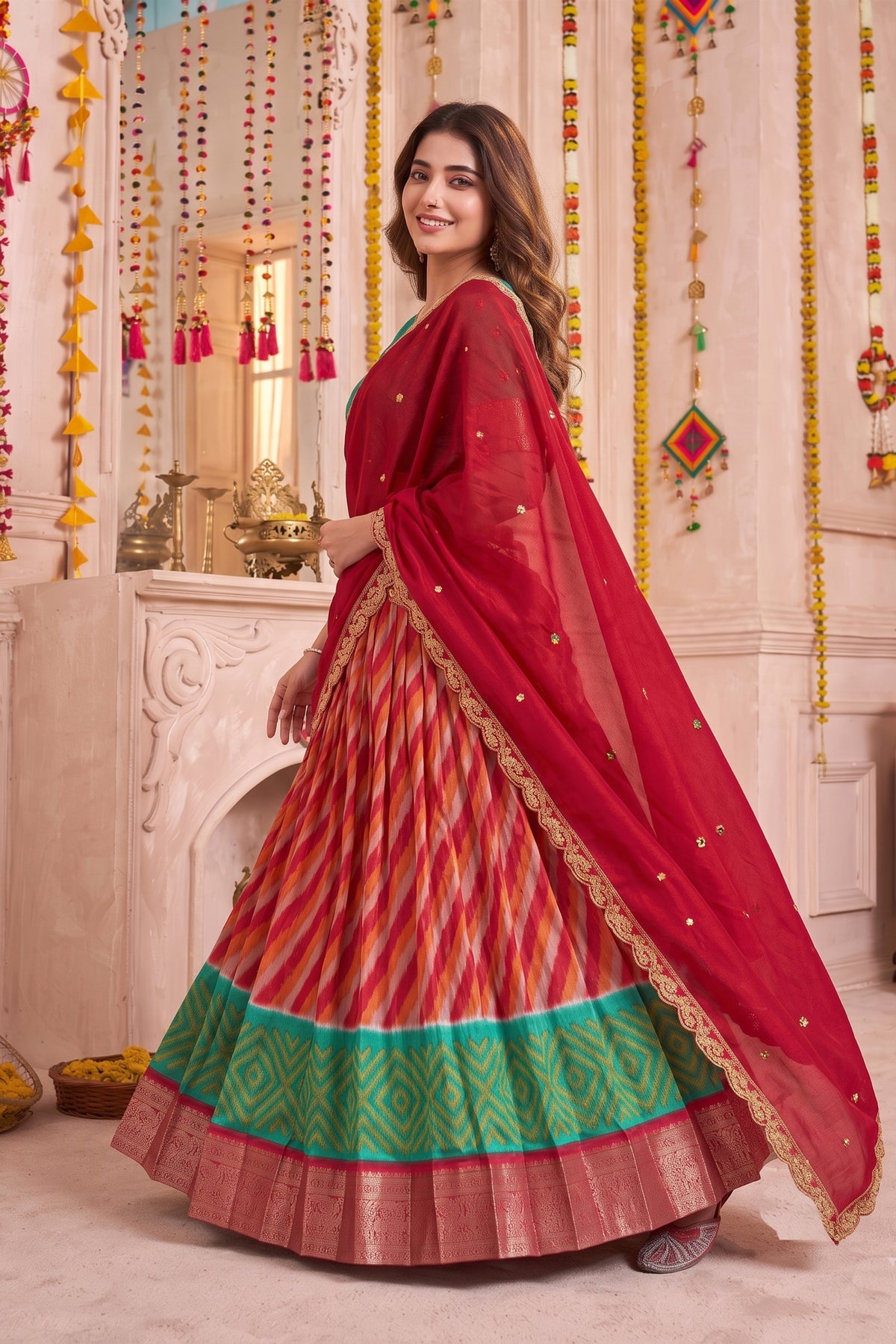 Admirable Red and Green Tasar Silk Designer Lehenga Choli with Printed Skirt and Dupatta