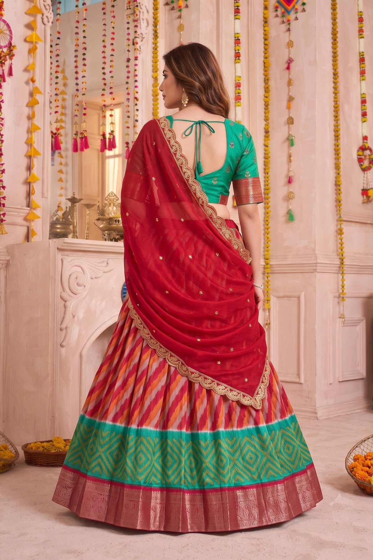 Admirable Red and Green Tasar Silk Designer Lehenga Choli with Printed Skirt and Dupatta