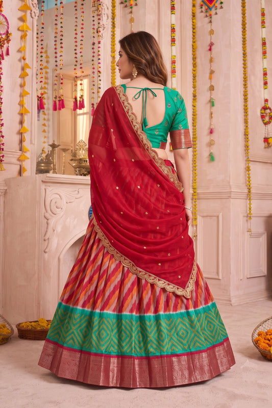 Admirable Red and Green Tasar Silk Designer Lehenga Choli with Printed Skirt and Dupatta