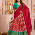 Admirable Red and Green Tasar Silk Designer Lehenga Choli with Printed Skirt and Dupatta
