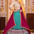 Elegant Teal Green Rayon Printed Designer Lehenga Choli with Magenta Dupatta