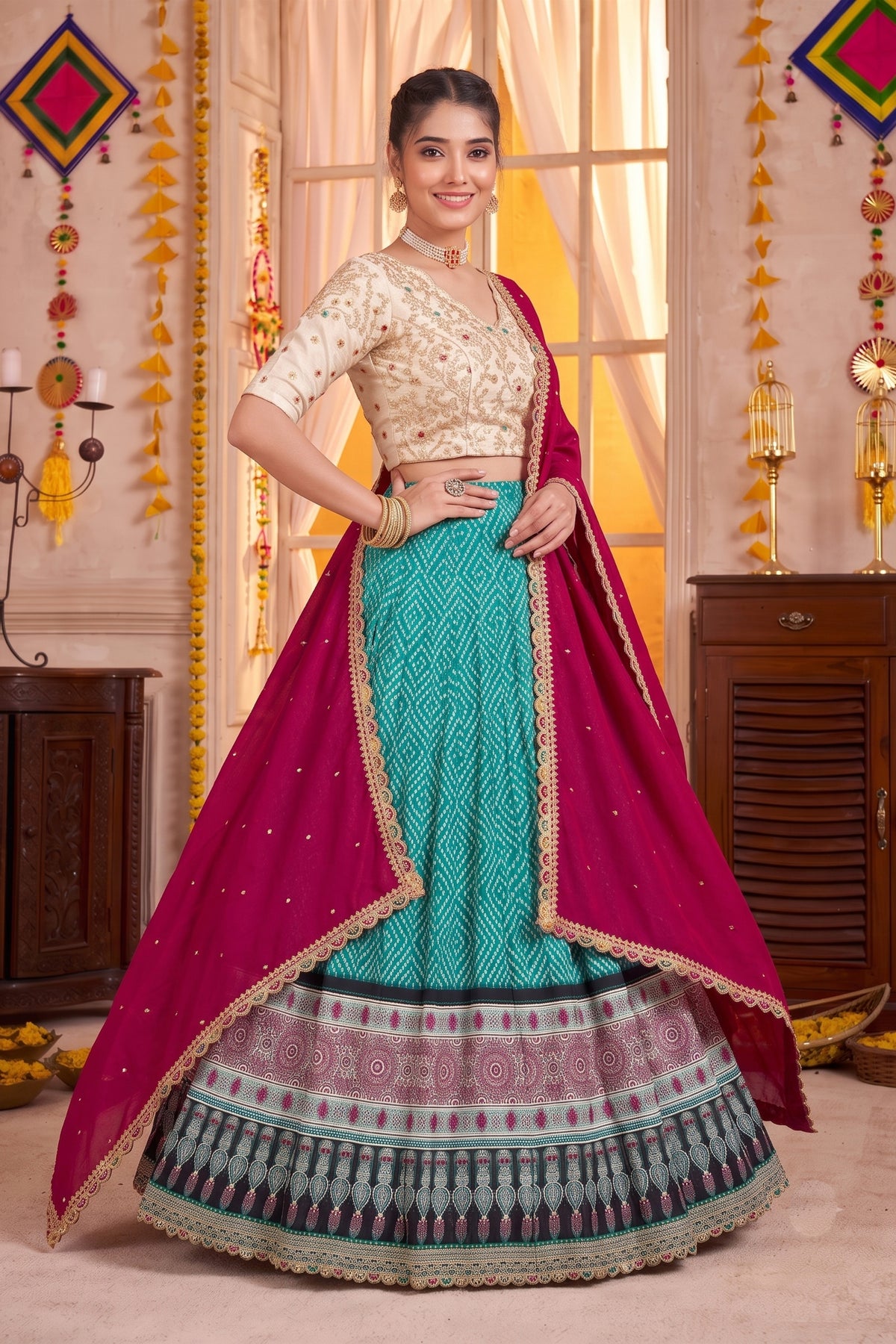 Elegant Teal Green Rayon Printed Designer Lehenga Choli with Magenta Dupatta