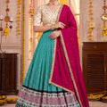 Elegant Teal Green Rayon Printed Designer Lehenga Choli with Magenta Dupatta