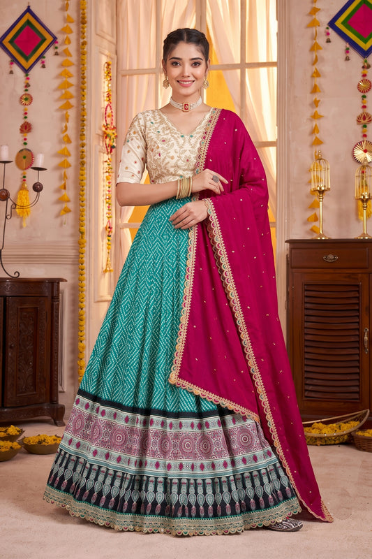 Elegant Teal Green Rayon Printed Designer Lehenga Choli with Magenta Dupatta