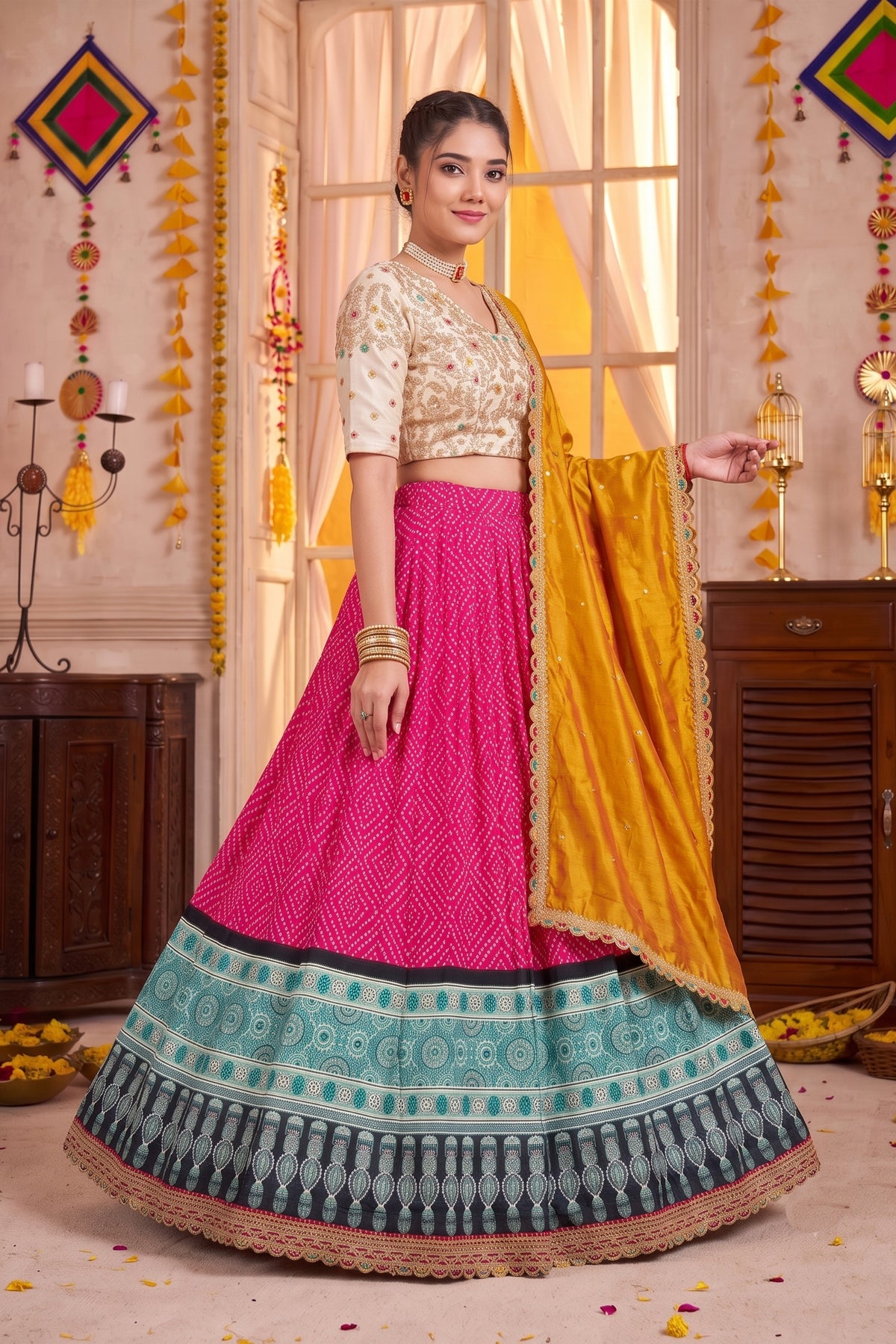 Stunning Rani Pink Rayon Printed Designer Lehenga Choli with Mustard Yellow Dupatta