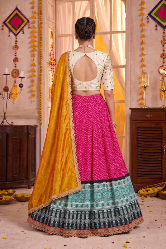 Stunning Rani Pink Rayon Printed Designer Lehenga Choli with Mustard Yellow Dupatta