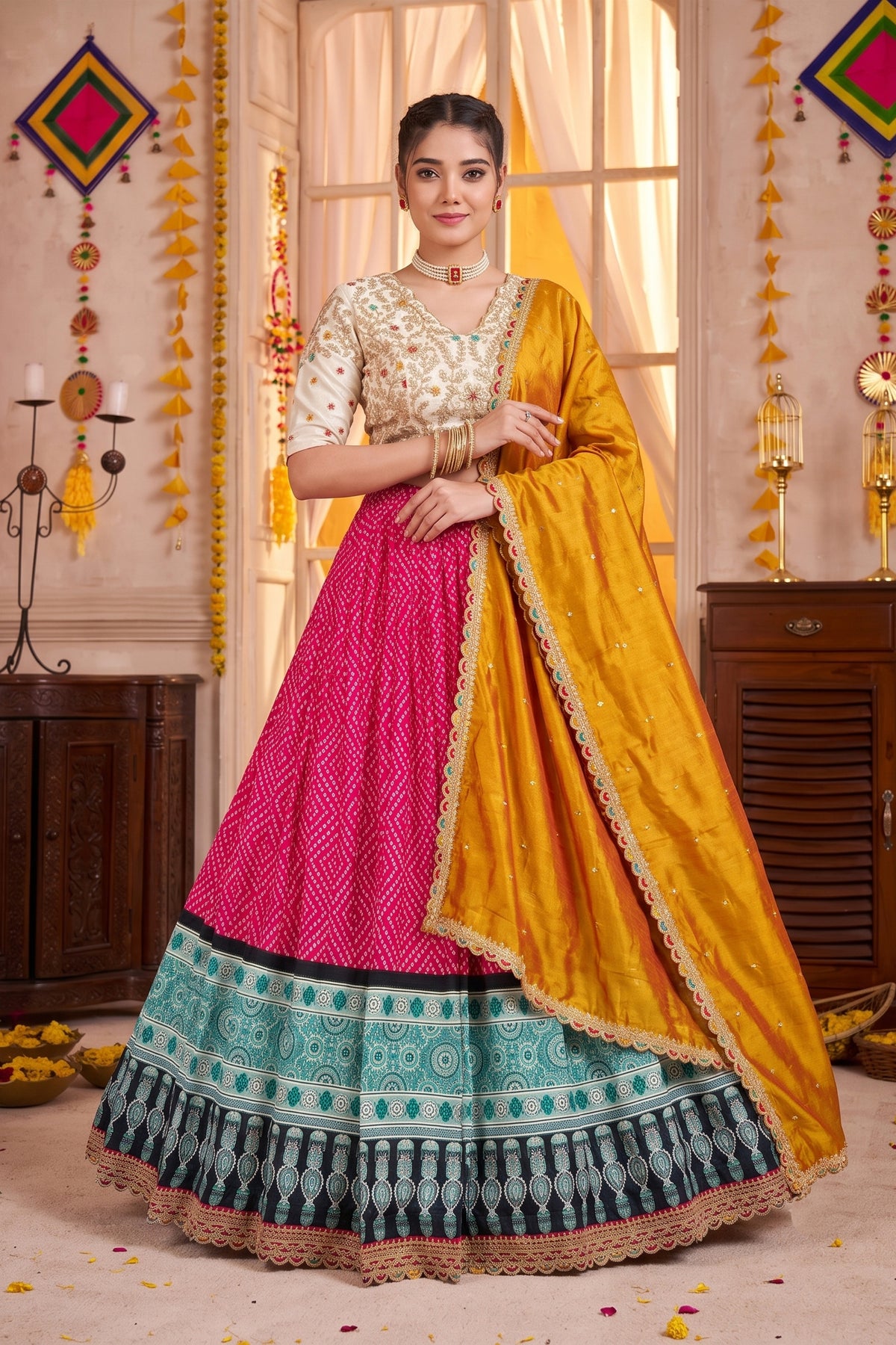 Stunning Rani Pink Rayon Printed Designer Lehenga Choli with Mustard Yellow Dupatta