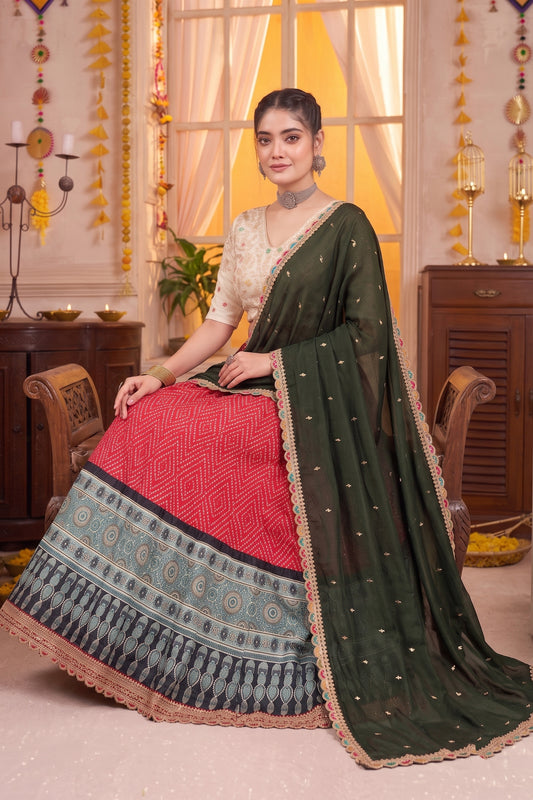 Stylish Red Rayon Printed Designer Lehenga Choli with Dark Green Dupatta