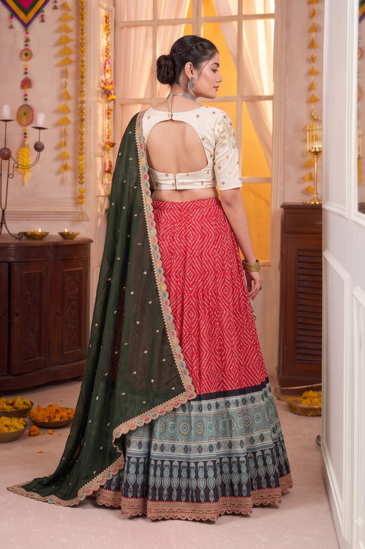 Stylish Red Rayon Printed Designer Lehenga Choli with Dark Green Dupatta