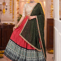 Stylish Red Rayon Printed Designer Lehenga Choli with Dark Green Dupatta