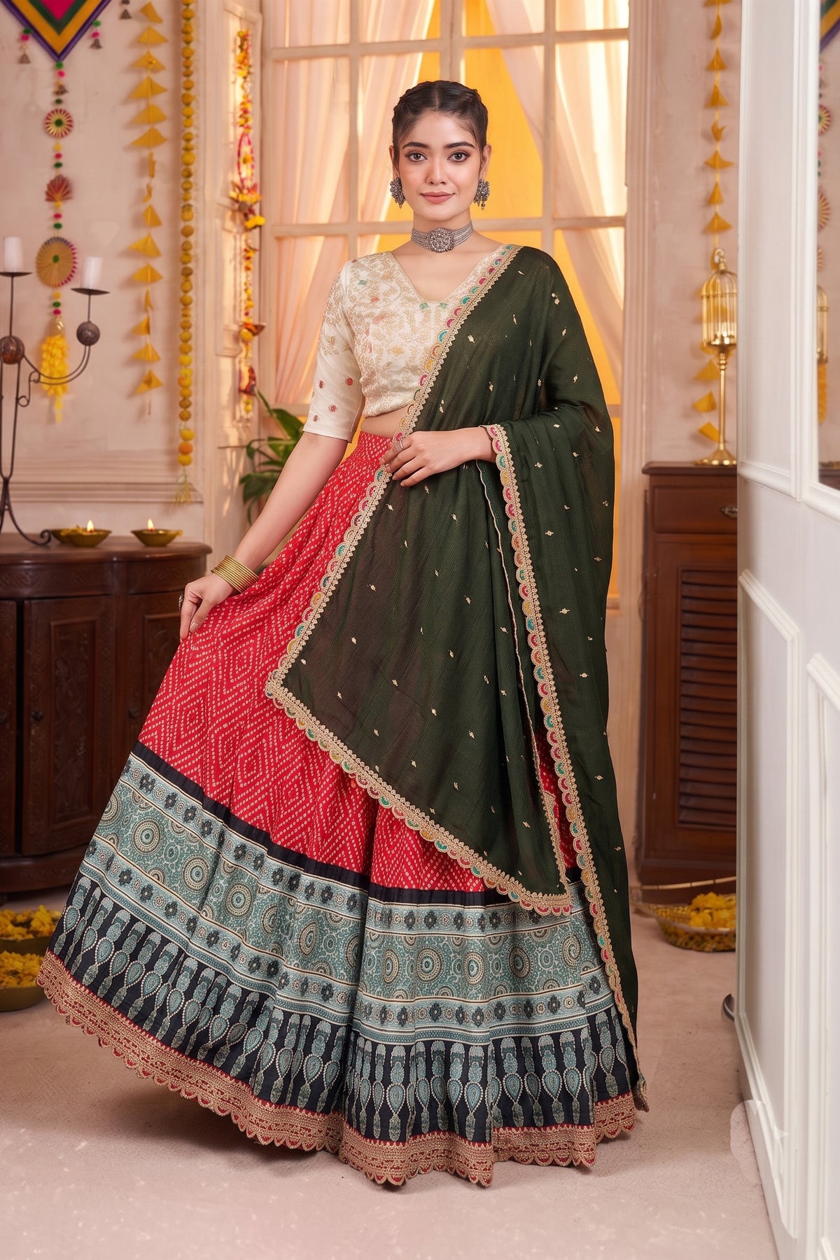 Stylish Red Rayon Printed Designer Lehenga Choli with Dark Green Dupatta