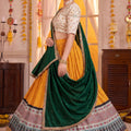 Charming Mustard Yellow Rayon Printed Designer Lehenga Choli with Dark Green Dupatta