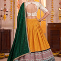 Charming Mustard Yellow Rayon Printed Designer Lehenga Choli with Dark Green Dupatta