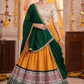 Charming Mustard Yellow Rayon Printed Designer Lehenga Choli with Dark Green Dupatta