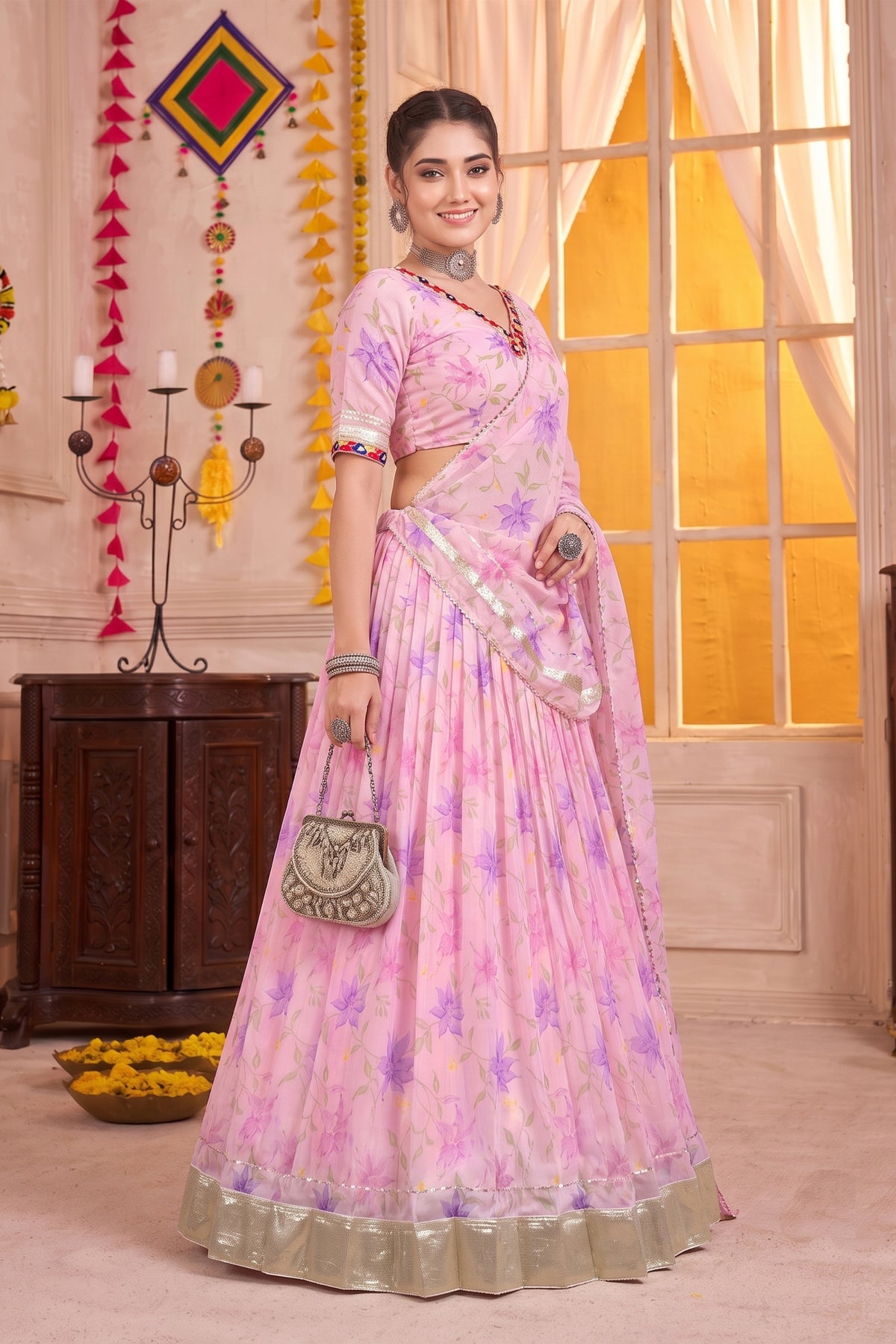 Elegant Pink Tabby Silk Floral Printed Designer Lehenga Choli with Dupatta for Women
