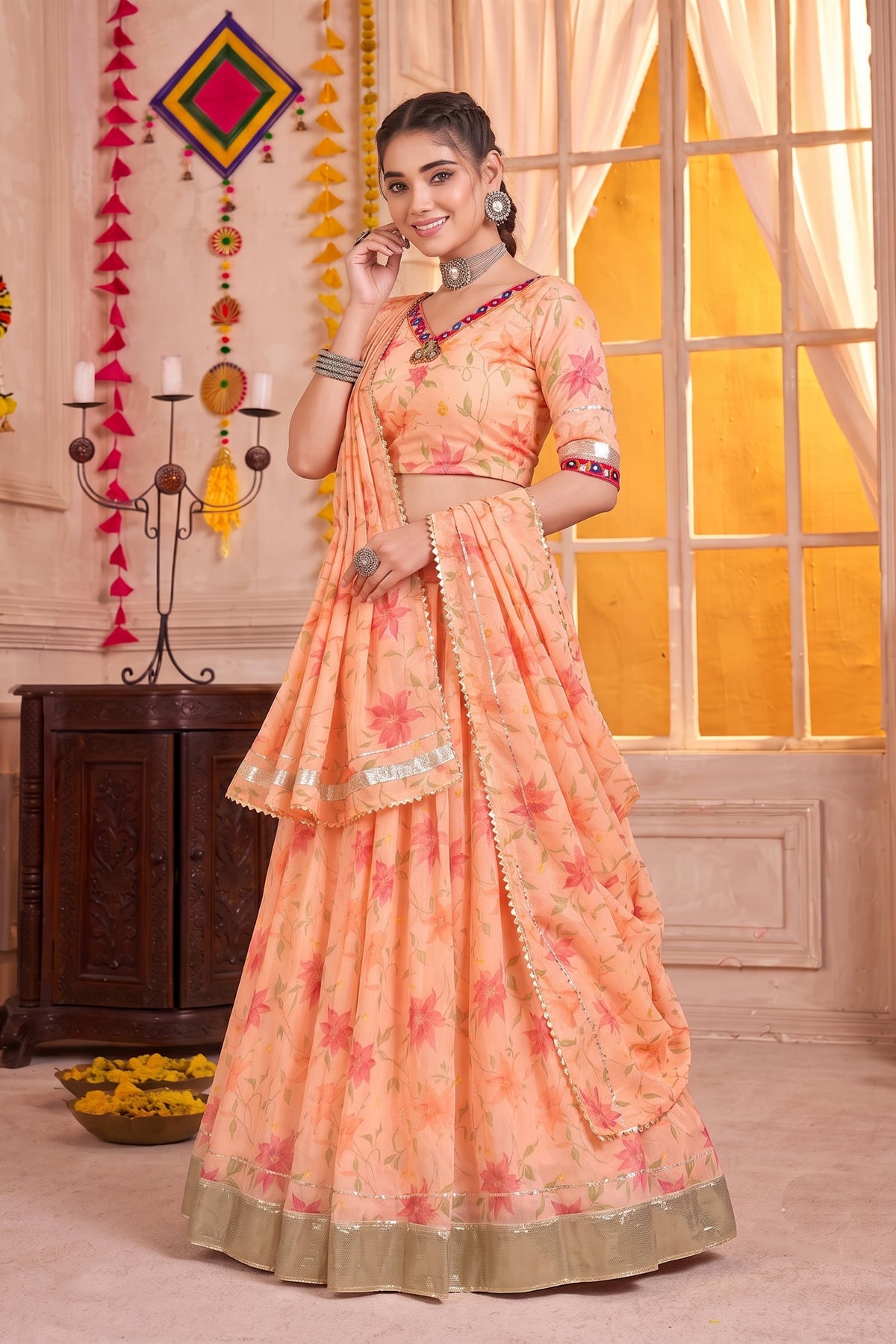 Stylish Peach Tabby Silk Floral Printed Designer Lehenga Choli with Dupatta for Women