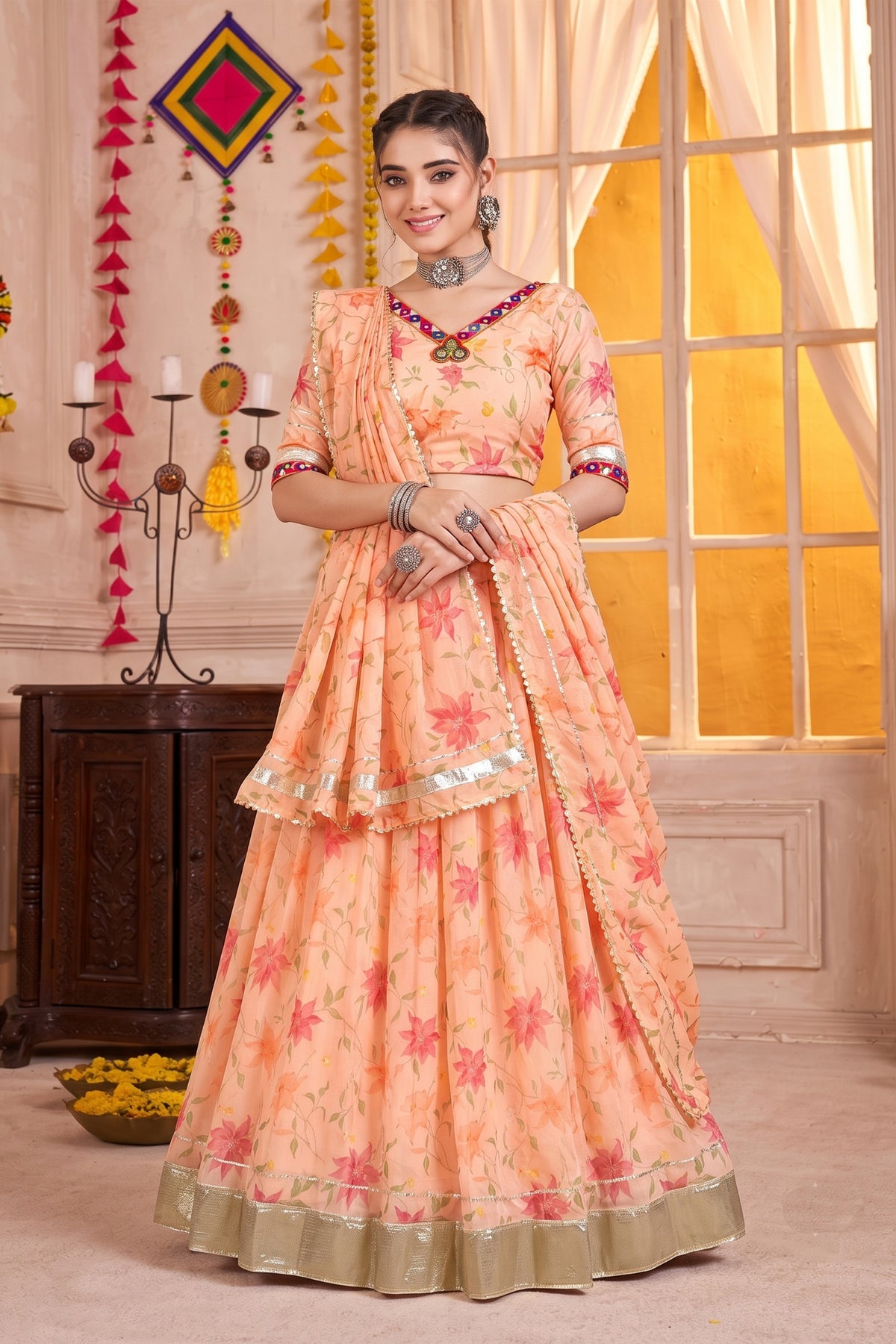 Stylish Peach Tabby Silk Floral Printed Designer Lehenga Choli with Dupatta for Women