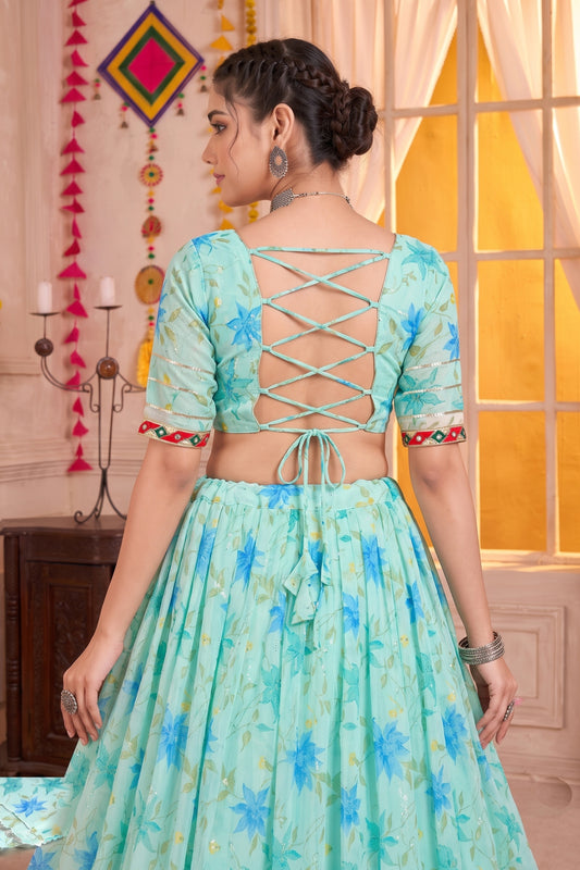 Refreshing Mint Green Tabby Silk Floral Printed Designer Lehenga Choli with Dupatta for Women