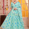 Refreshing Mint Green Tabby Silk Floral Printed Designer Lehenga Choli with Dupatta for Women