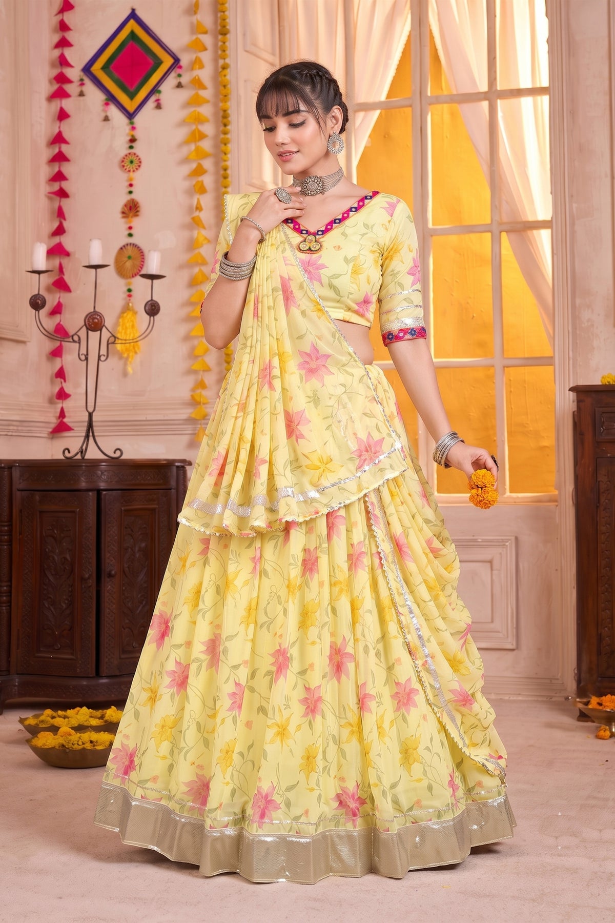Beautiful Yellow Tabby Silk Floral Printed Designer Lehenga Choli with Dupatta for Women
