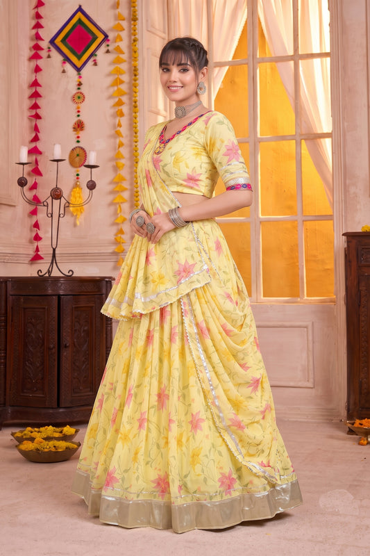 Beautiful Yellow Tabby Silk Floral Printed Designer Lehenga Choli with Dupatta for Women