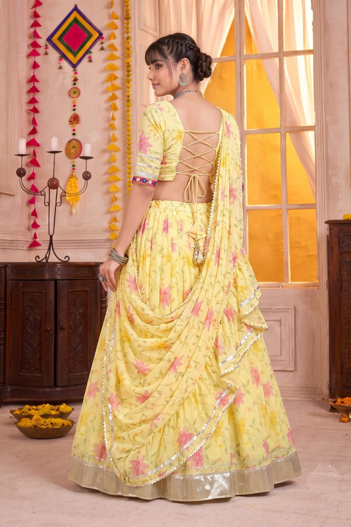 Beautiful Yellow Tabby Silk Floral Printed Designer Lehenga Choli with Dupatta for Women