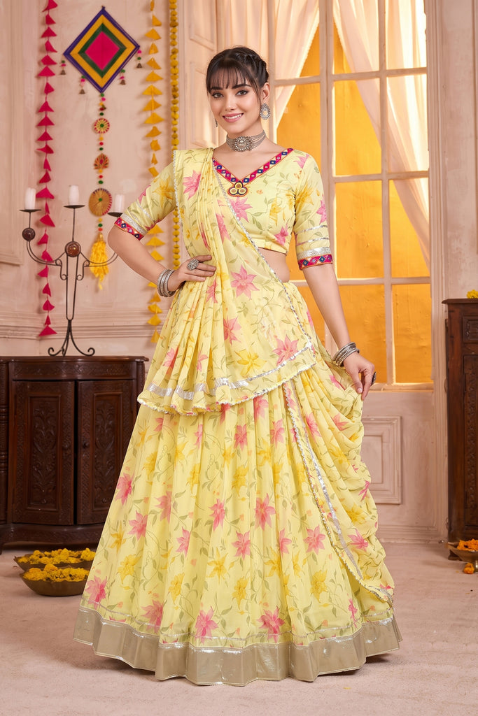 Beautiful Yellow Tabby Silk Floral Printed Designer Lehenga Choli with Dupatta for Women
