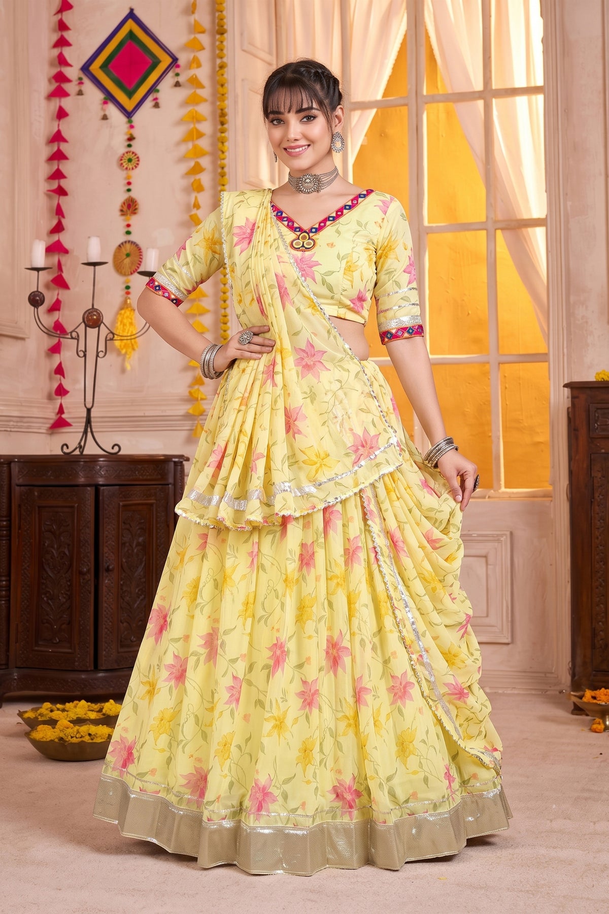 Beautiful Yellow Tabby Silk Floral Printed Designer Lehenga Choli with Dupatta for Women