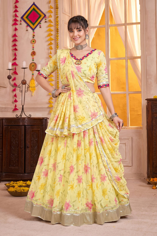 Beautiful Yellow Tabby Silk Floral Printed Designer Lehenga Choli with Dupatta for Women
