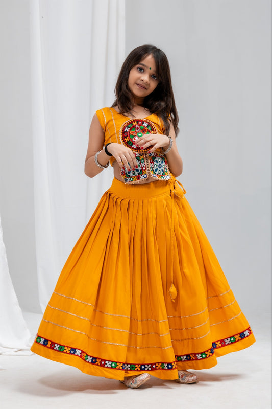Stunning Mustard Yellow Rayon Mirror Work Designer Lehenga Choli for Girls