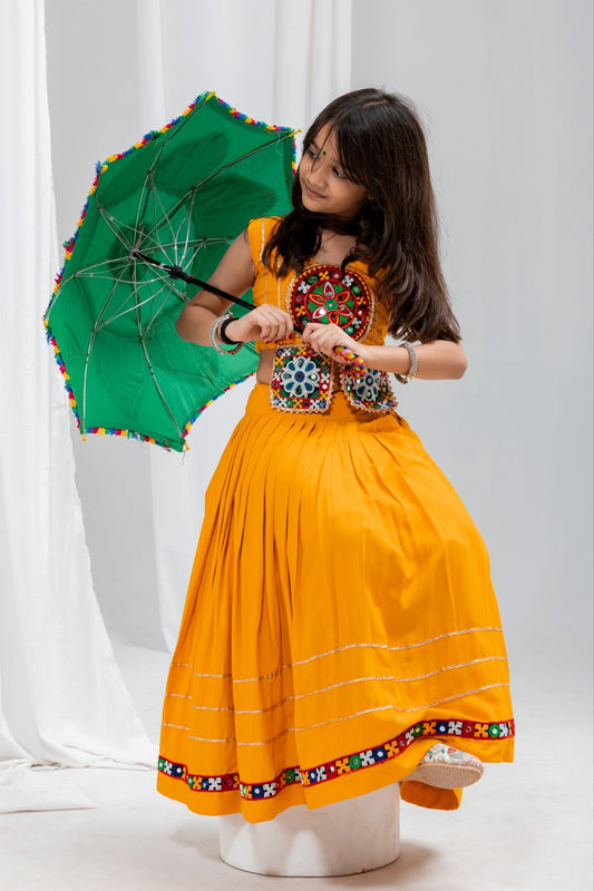 Stunning Mustard Yellow Rayon Mirror Work Designer Lehenga Choli for Girls