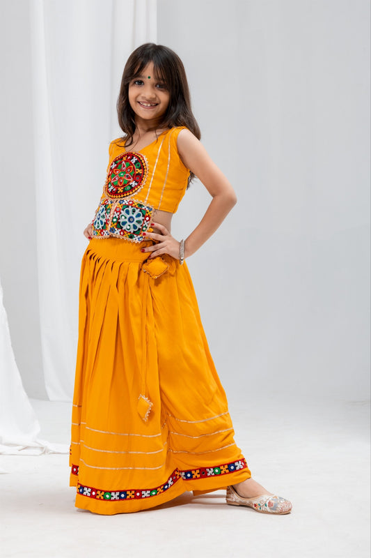 Stunning Mustard Yellow Rayon Mirror Work Designer Lehenga Choli for Girls
