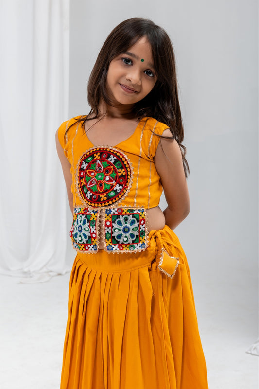 Stunning Mustard Yellow Rayon Mirror Work Designer Lehenga Choli for Girls