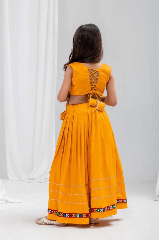 Stunning Mustard Yellow Rayon Mirror Work Designer Lehenga Choli for Girls