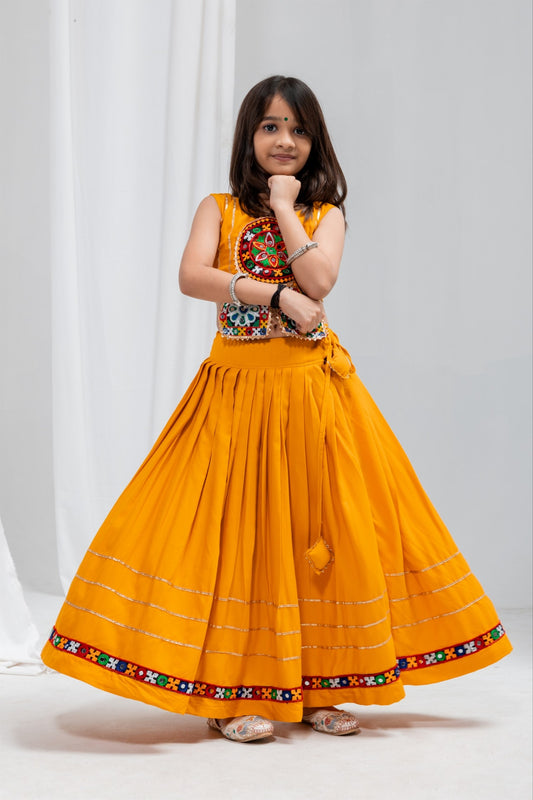 Stunning Mustard Yellow Rayon Mirror Work Designer Lehenga Choli for Girls