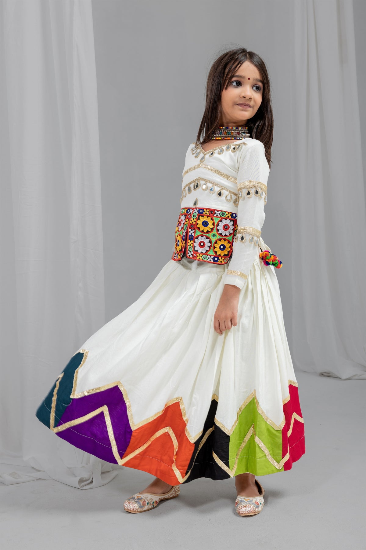 Stylish Off-White Multicolor Rayon Mirror Work Designer Lehenga Choli for Girls