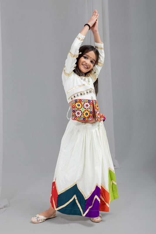 Stylish Off-White Multicolor Rayon Mirror Work Designer Lehenga Choli for Girls