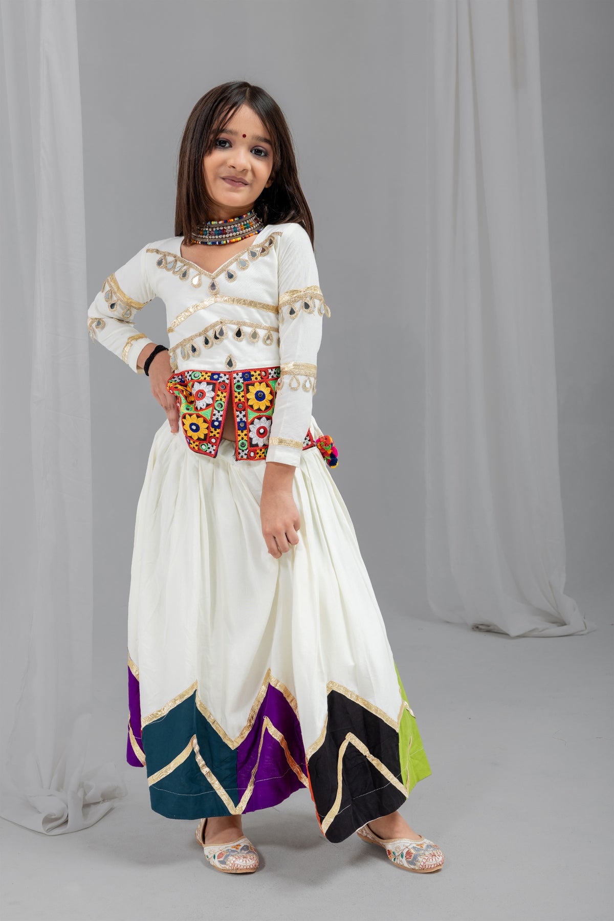 Stylish Off-White Multicolor Rayon Mirror Work Designer Lehenga Choli for Girls
