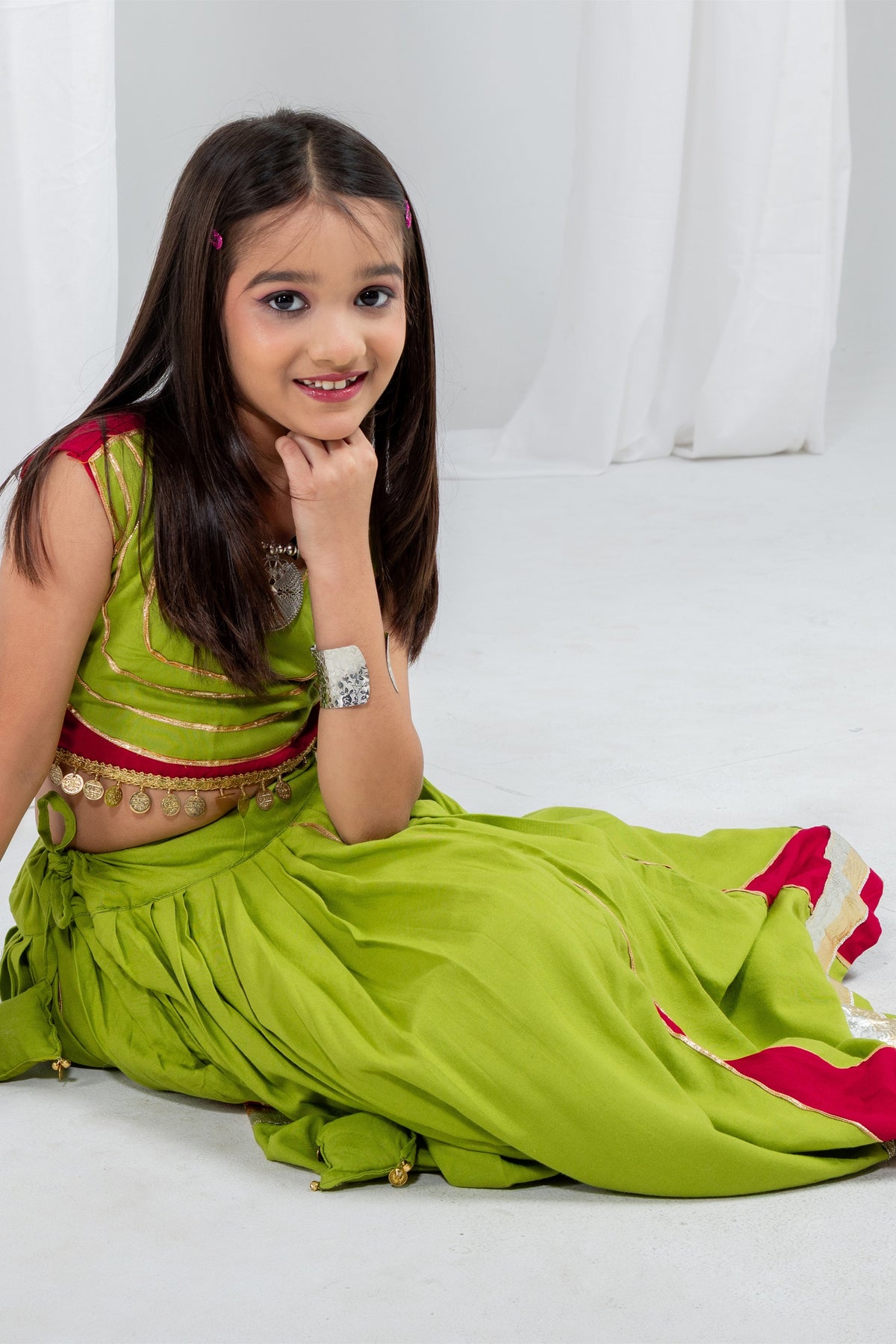 Cute Lime Green Rayon With Gota Patti Work Designer Lehenga Choli for Girls