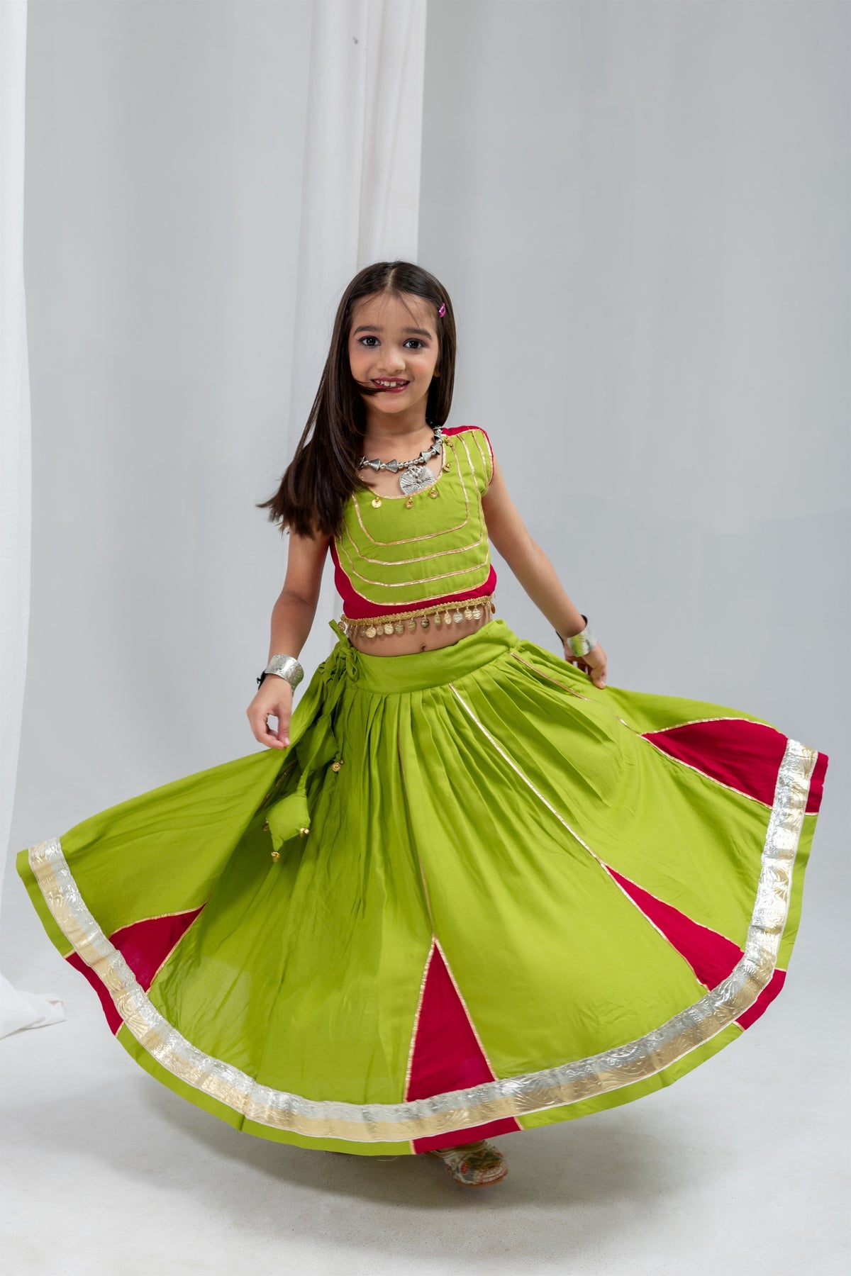 Cute Lime Green Rayon With Gota Patti Work Designer Lehenga Choli for Girls