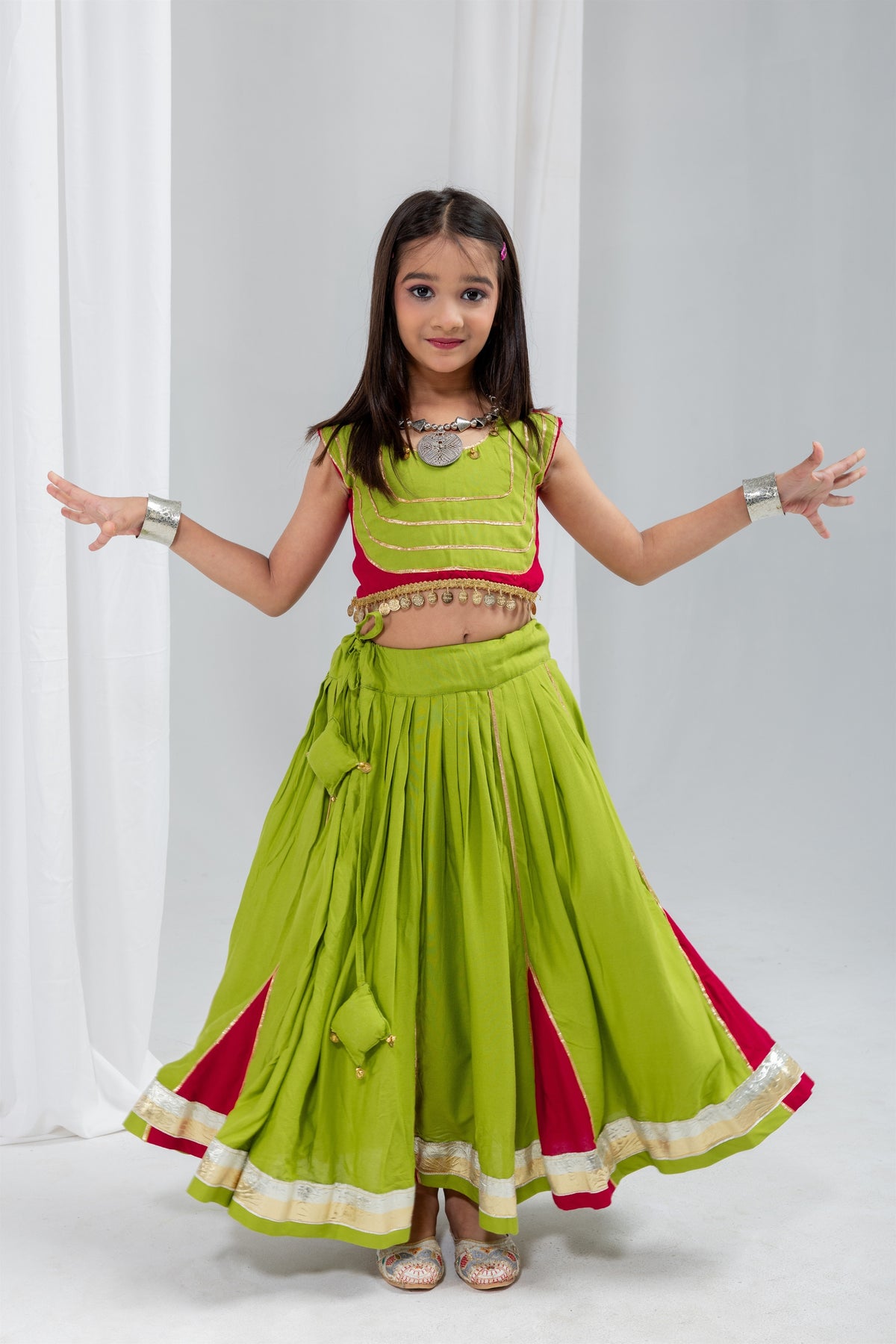 Cute Lime Green Rayon With Gota Patti Work Designer Lehenga Choli for Girls